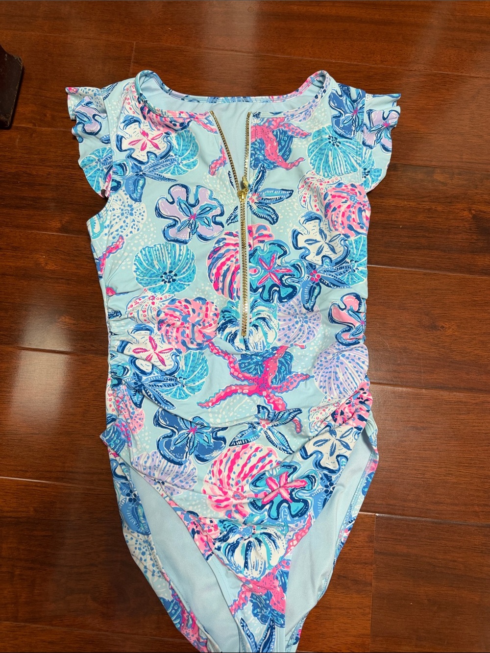 Lilly Pulitzer Light Blue Seashell & Starfish One-Piece Swimsuit with Gold Zip